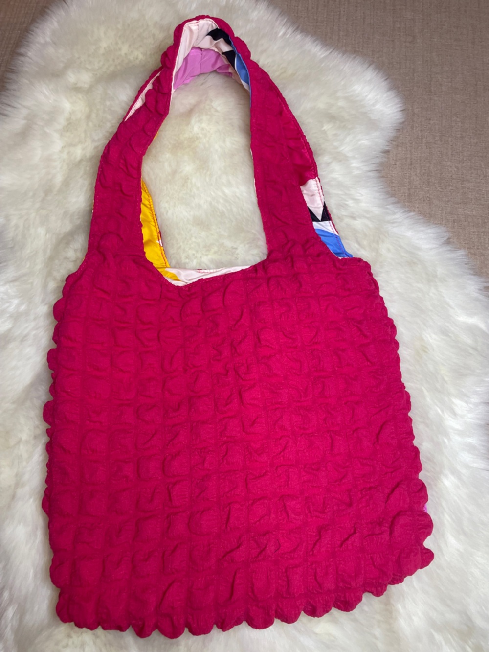 Benefit Hot Pink Quilted Puffer Tote Bag Textured Statement Y2K Punk Chic
